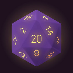 realistic purple d20 die for board game vector image