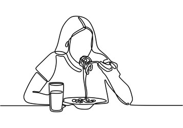 one continuous line drawn girl eating spaghetti vector image