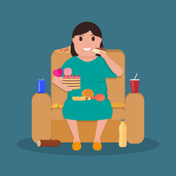 cartoon fat woman sitting on couch eat junk food vector image