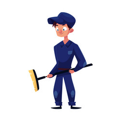 flat young mechanic boy with broom vector image