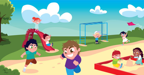 Scene children smiling and playing in park vector