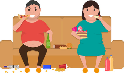 cartoon fat man woman sitting on couch eat food vector image