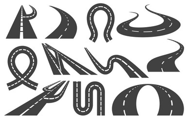 Winding curved road or highway with markings set vector