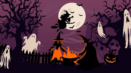 Halloween night scene witches near fire vector