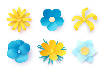 paper art bouquets wild blue and yellow flowers vector image