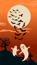 Halloween ghosts and bats full moon spooky vector