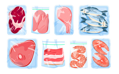 meat poultry and seafood in plastic trays set vector image