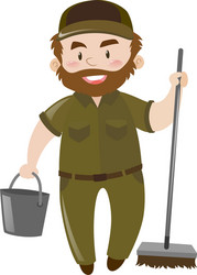 male janitor with water bucket and broom vector image