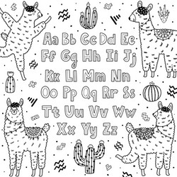 black and white alphabet with cute llamas abc vector image