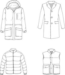 Set sketch outdoor clothing parka down jacket vector