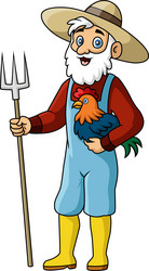 Cute farmer cartoon holding chicken vector