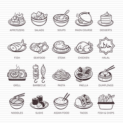 restaurant doodle icons international food set 4 vector image