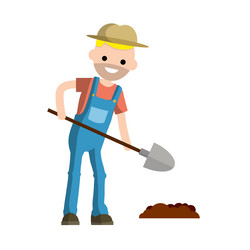 Man farmer with shovel dig ground bed vector