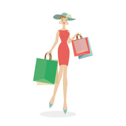 girl in a hat with bags hands after shopping vector image