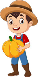 cartoon farmer boy holding pumpkin vector image