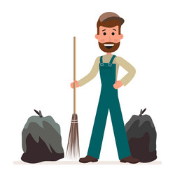 Janitor with a broom and garbage bags isolated vector