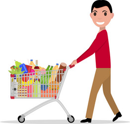 Man with shopping trolley full groceries vector