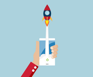 rocket launch from mobile start up business vector