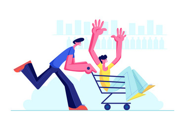 couple teenagers in supermarket riding trolley vector image