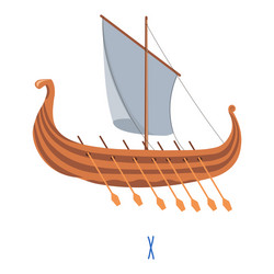 wooden ship with oars and sail drakkar boat vector image