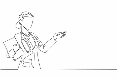 continuous one line drawing a female doctor hold vector image