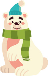 Cute polar bear with scarf and hat character vector