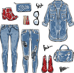 hand drawn fashion collection of womens jeans vector image