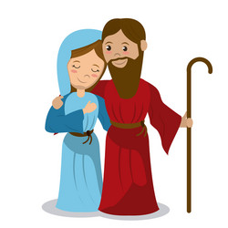 Virgin mary and joseph holding stick hugging vector