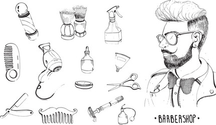 hand drawn barbershop set collection accessories vector image