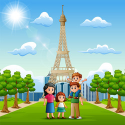 happy family in front of eiffel tower background vector image