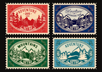 stamps with fir forest and mountains vector image