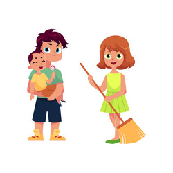 flat man and infant baby girl with broom vector image