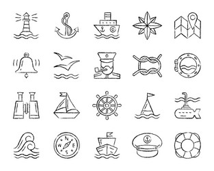 marine charcoal draw line icons set vector image