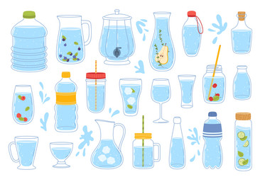 glass and plastic water bottles drink containers vector image