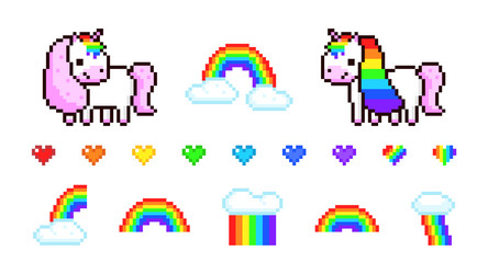 pixel unicorns and rainbows set vector image