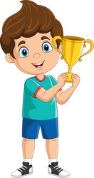 cartoon little boy holding gold trophy vector image