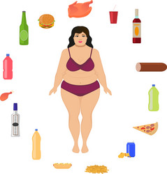 Cartoon fat woman and unhealthy food vector