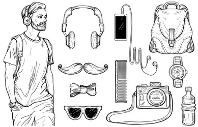 Sketch of hipster man and men s accessories set vector