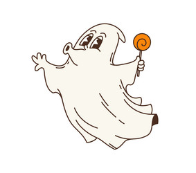 cartoon retro groovy halloween ghost with lollipop vector image