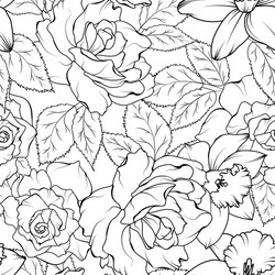 seamless pattern with roses and daffodils black vector image