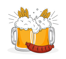 Two beer mugs with sausage vector