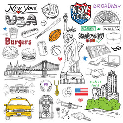 New york city doodles elements hand drawn set vector