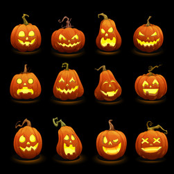 halloween pumpkins faces glowing in darkness vector image