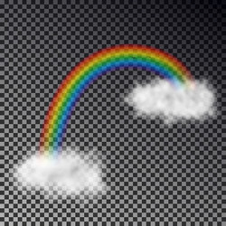 rainbow arc with white clouds isolated on checkere vector image