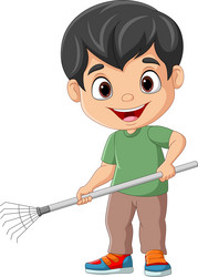 Cartoon little boy holding a rake vector