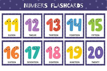 cute numbers 11-20 flashcards collection vector image