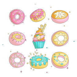 Cute funny girl teenager colored icon set donuts vector