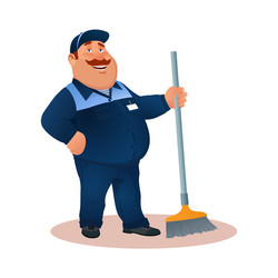 Cartoon worker janitor funny man with mop vector