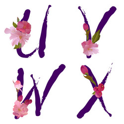 Spring alphabet with gentle sakura flowers uvwx vector