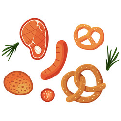 Bbq meat and pretzel on white isolated backdrop vector